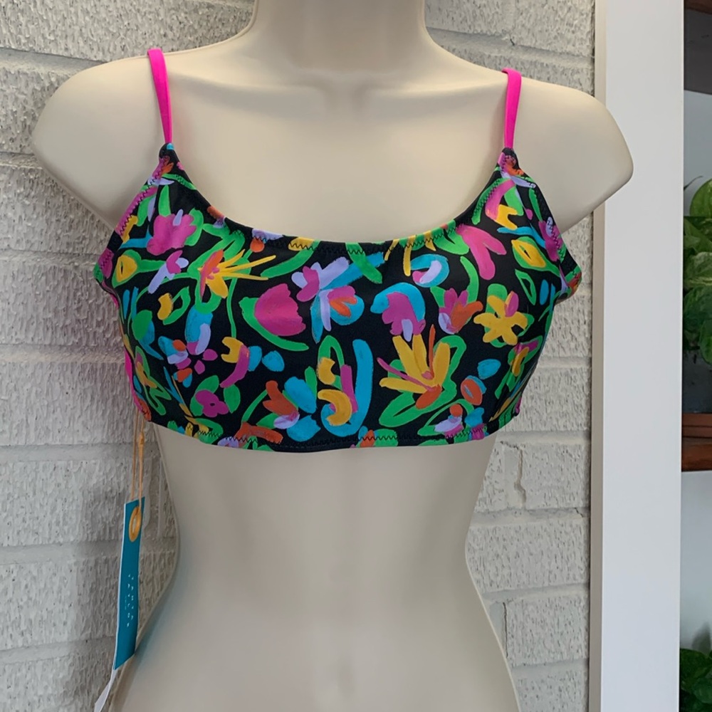Tanya Taylor Women's "Maxine" XL Abstract Black Pink Floral Print Bikini Top